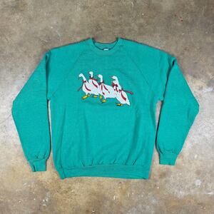 Vintage Jerzees Duck Print Sweatshirt XL Green Cottagecore Animal Graphic USA
